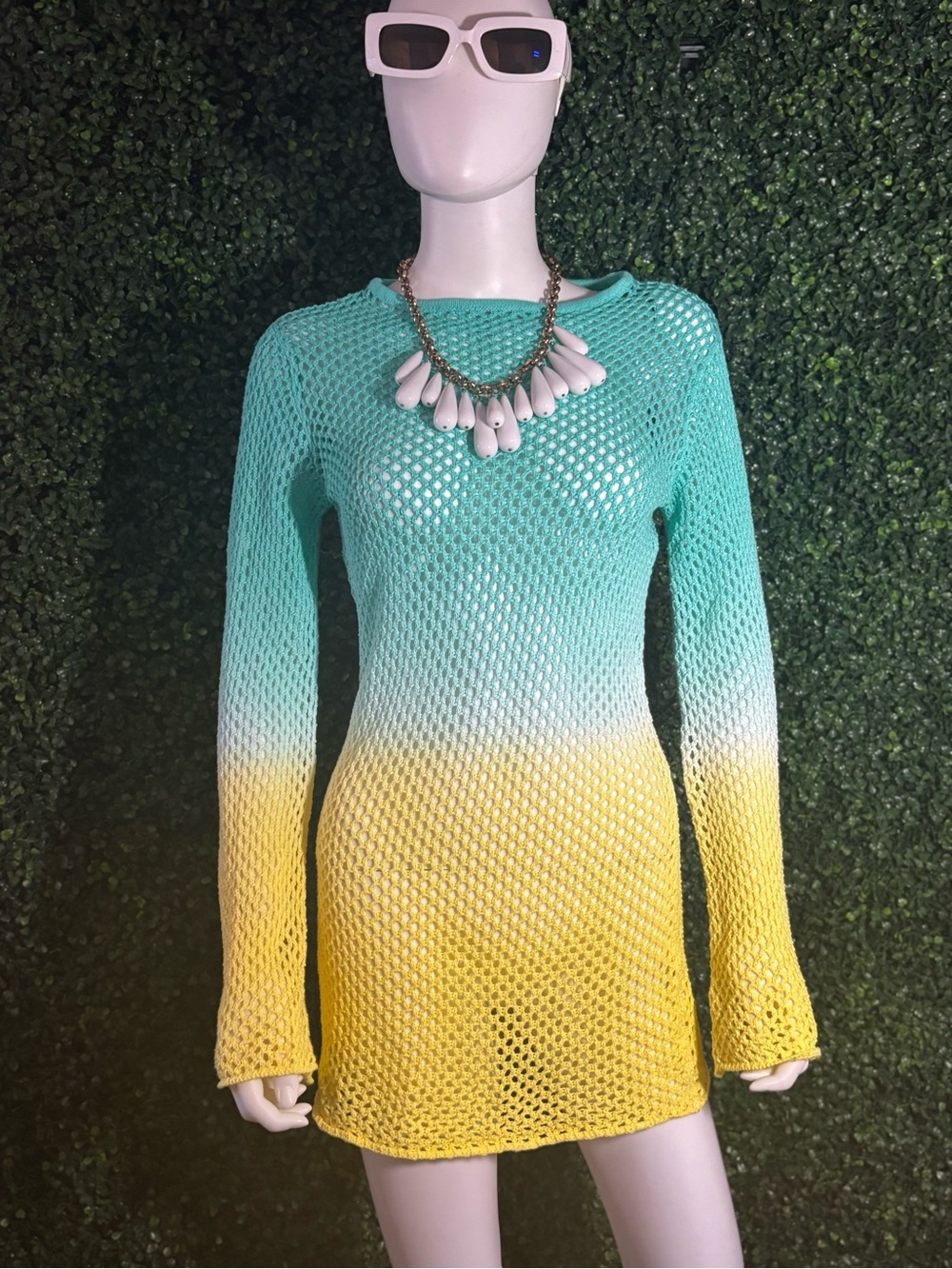NWT Boohoo Ombre Crochet Mesh Beach Cover Up Dress Bell Sleeve Aqua Yellow M
